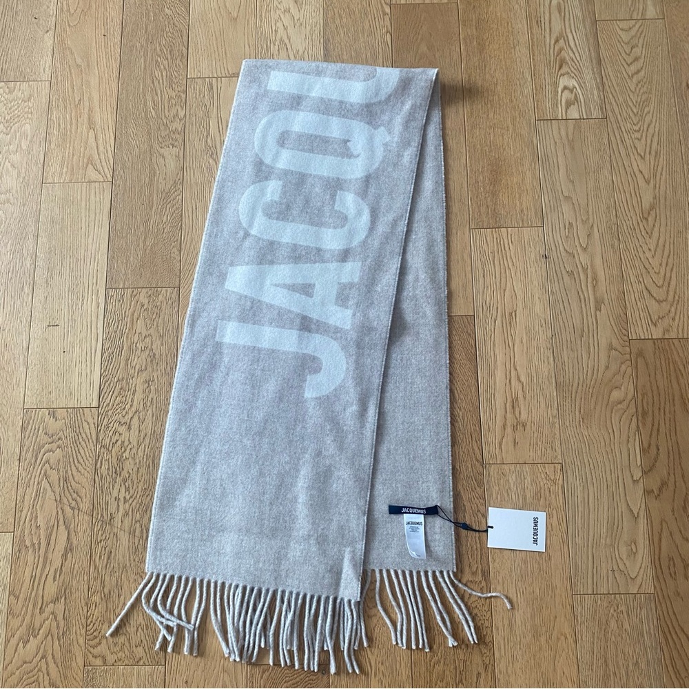 Jacquemus Lecharpe Scarf Light Oatmeal Beige Logo Wool Fringe